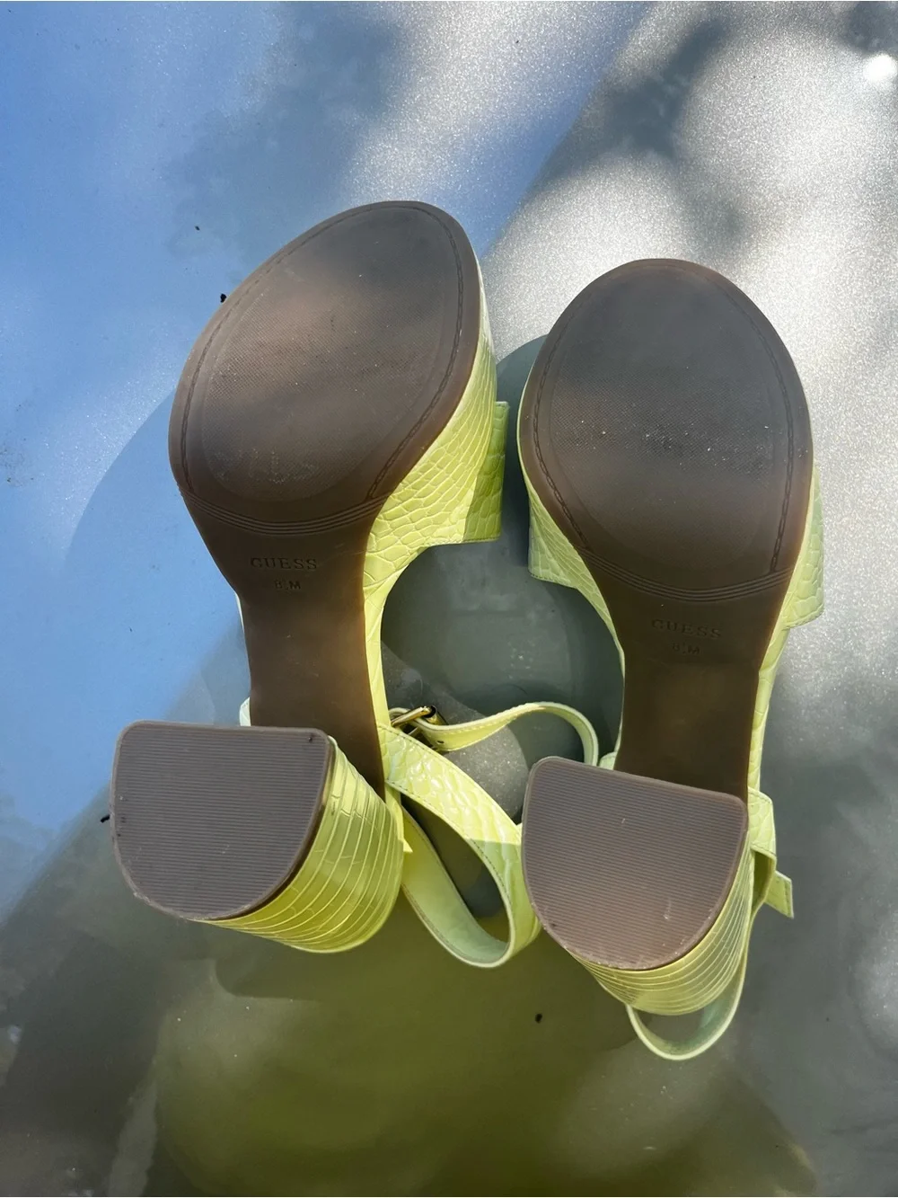 Guess Pale Green Croc-Embossed Block Heel Sandals